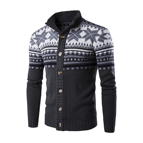

Men's Cardigan Sweater Jumper Ribbed Knit Knitted Button Geometric Stand Collar Basic Casual Daily Holiday Fall Winter White Black M L XL / Long Sleeve