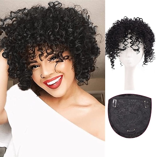 

Afro Kinky Curly Hair Toppers With Bangs Clip In Hair Pieces Synthetic Short Hairpieces Toppers Naturally Black Soft Curly Hair Topper for Black Women With Thinning Hair Topper
