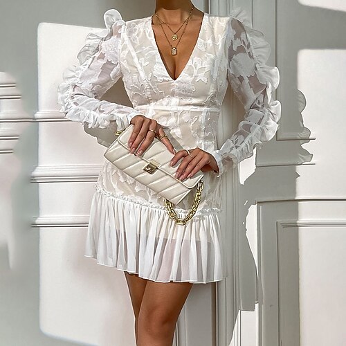 

Women's Holiday Dress A Line Dress Short Mini Dress White Long Sleeve Pure Color Ruched Ruffle Fall Winter V Neck Fashion Modern 2022 XS S M L