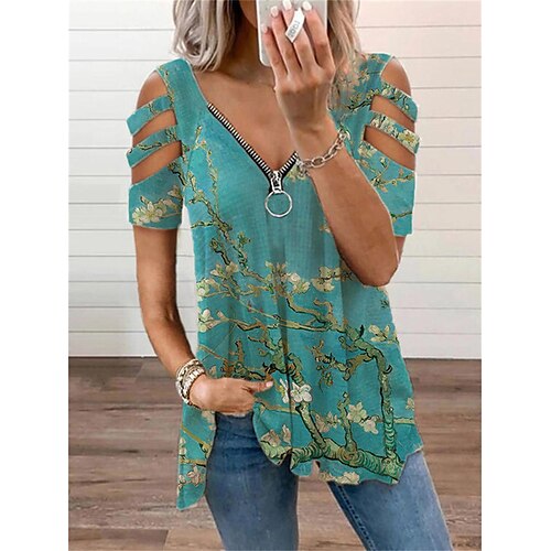 

Women's Blouse Green Black Light Green Floral Skull Cut Out Quarter Zip Short Sleeve Casual Basic V Neck Long Floral S / 3D Print / Print