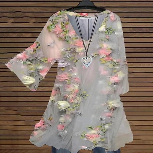 

Women's Plus Size Tops T shirt Tee Floral Print 3/4 Length Sleeve V Neck Streetwear Daily Going out Chiffon Fall Spring Pink