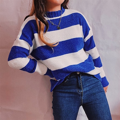

Women's Pullover Sweater Jumper Crochet Knit Knitted Striped Crew Neck Stylish Casual Daily Holiday Fall Winter Green Black S M L / Long Sleeve