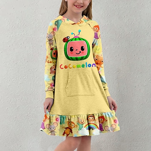 

Kids Little Girls' Dress Cartoon A Line Dress Daily Holiday Vacation Ruffle Print Yellow Above Knee Long Sleeve Casual Cute Sweet Dresses Fall Winter Regular Fit 3-12 Years