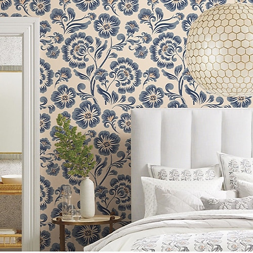 

Blue Floral Wallpaper Wall Cover Sticker Film Peel and Stick Removable Self Adhesive PVC/Vinyl Wall Decal for Room Home Decoration 44300cm