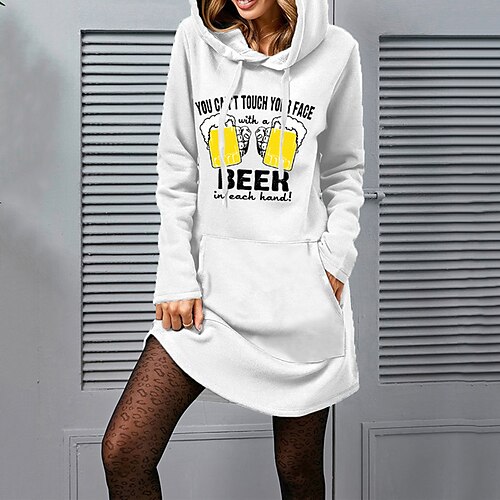 

Women's Hoodie Dress Shift Dress Short Mini Dress White Long Sleeve Print Letter Pocket Print Fall Winter Hooded Casual Loose 2022 S M L XL XXL 3XL / Cotton
