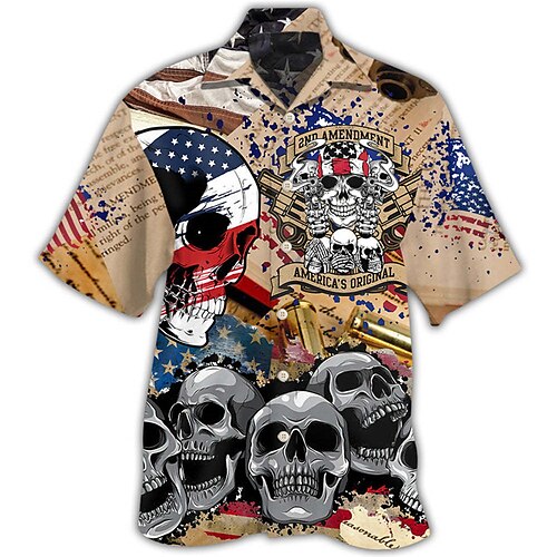 

Men's Shirt Skull National Flag Turndown Khaki 3D Print Outdoor Street Short Sleeve Button-Down Print Clothing Apparel Fashion Casual Breathable / Summer / Spring / Summer