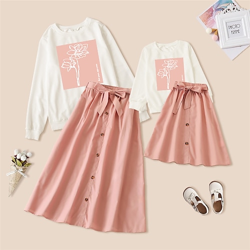 

Mommy and Me Dresses Family Sets Floral Letter Ruched Multicolor Short Sleeve Midi Casual Matching Outfits / Spring / Summer / Lace up / Print