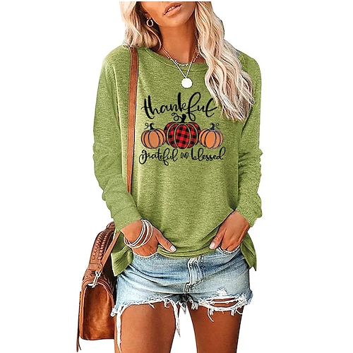 

T shirt Tee Femme Vert Bleu Rose Claire Plaid Potiron Imprimer Manches Longues Des sports Fin de semaine basique Halloween Col Rond Normal Coton Standard Peinture S