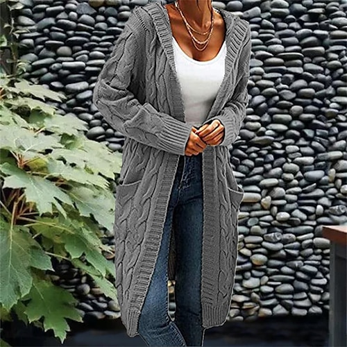 

suéter cardigan feminino túnica de cabo com nervuras bolso de malha cor pura com capuz elegante casual férias saindo outono inverno cinza escuro xl