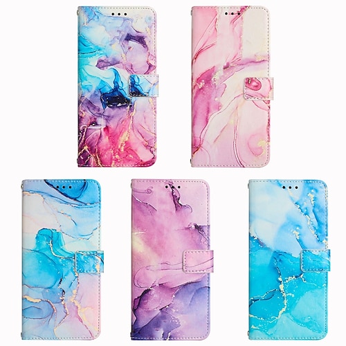 

Phone Case For Samsung Galaxy Wallet Card A73 A53 A33 S22 Ultra Plus S21 FE S20 with Wrist Strap Card Holder Slots Magnetic Flip Marble TPU PU Leather