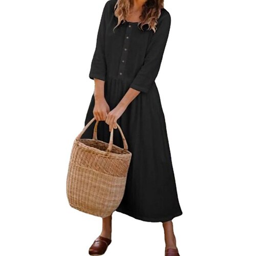 

vestido casual feminino vestido de linho vestido longo maxi vestido preto branco manga longa botão de cor pura outono primavera outono gola redonda vestido de inverno vestido de outono ajuste solto