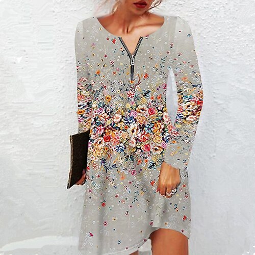 

Women's A Line Dress Floral Dress Knee Length Dress Gray Long Sleeve Floral Zipper Print Fall Winter Crew Neck Casual Classic 2022 XS S M L XL 2XL 3XL 4XL 5XL 6XL