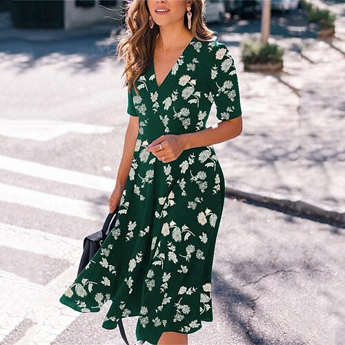 

Women's Casual Dress Swing Dress Midi Dress Green Half Sleeve Floral Print Winter Fall V Neck 2022 S M L XL XXL 3XL