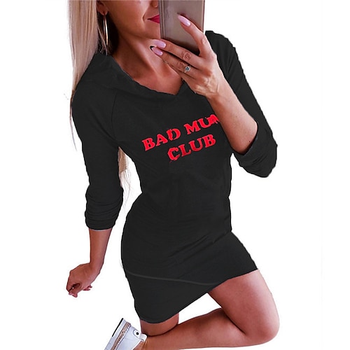 

Women's Bodycon Short Mini Dress White Black Long Sleeve Fall Letter Print Fall Winter Hooded Fashion 2022 S M L XL XXL 3XL