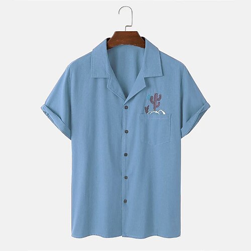 

Men's Seersucker Shirt Cactus Turndown Blue Print Daily Holiday Short Sleeve Button-Down Clothing Apparel Fashion Lightweight Casual Comfortable / Summer / Summer / Beach