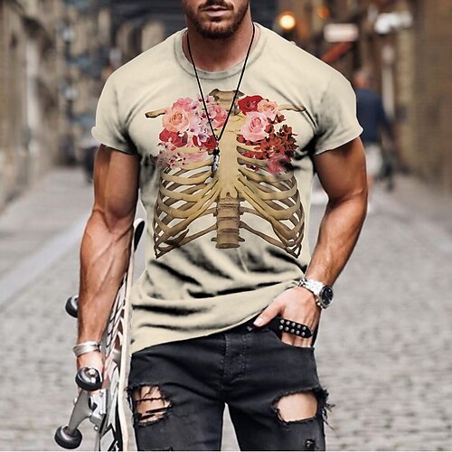 

Men's Unisex T shirt Tee 3D Print Floral Graphic Skeleton Crew Neck Street Daily Print Short Sleeve Tops Casual Classic Big and Tall Sports Khaki / Summer