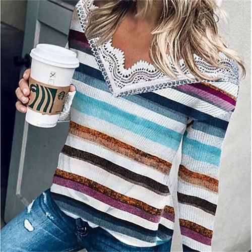 

Women's Shirt Striped Plaid Graphic Patterned Daily Weekend Shirt Long Sleeve Lace Print V Neck Casual Streetwear Black Blue Gray S