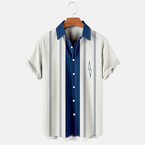 

Men's Bowling Shirt Camp Shirt Color Block Stripe Graphic Prints Turndown Blue Hot Stamping Sports Holiday Short Sleeves Button-Down Print Clothing Apparel Fashion Casual Hawaiian Comfortable / Beach