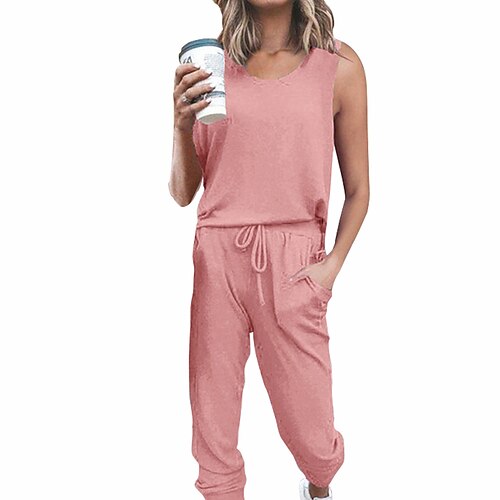 

Women's Loungewear Sets Nighty 2 Pieces Pure Color Simple Comfort Home Street Polyester V Wire Sleeveless Tank Top Pant Spring Summer Pink Orange