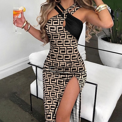 

Women's Sheath Dress Knee Length Dress Black And White Black Sleeveless Color Block Hollow Out Patchwork Spring Summer Halter Neck Stylish Modern 2022 S M L XL XXL