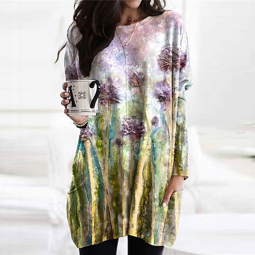 

Women's Shift Dress Casual Dress Short Mini Dress Blue Purple Yellow Long Sleeve Floral Pocket Print Fall Winter Crew Neck Casual Vacation Loose 2022 S M L XL XXL 3XL