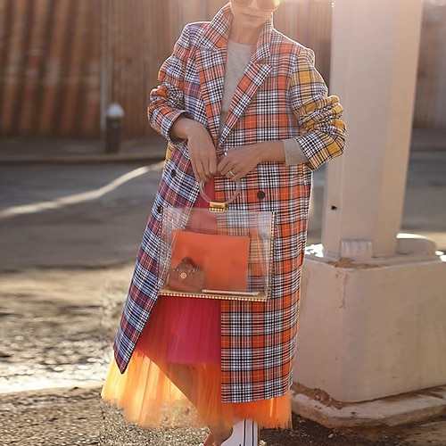 

Women's Winter Coat Windproof Warm Outdoor Street Daily Vacation Double Breasted Lapel Street Style Plaid Regular Fit Outerwear Long Sleeve Winter Fall Orange S M L XL XXL 3XL