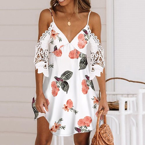 

Women's Casual Dress Mini Dress White 3/4 Length Sleeve Floral Cold Shoulder Fall Spring Autumn Spaghetti Strap 2022 S M L XL