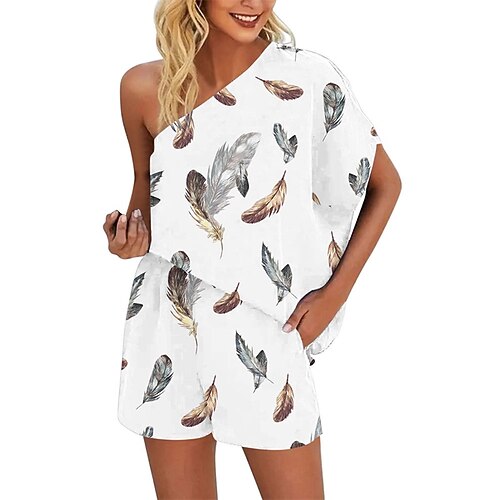 

Women's Romper Pocket Print Floral One Shoulder Casual Street Daily Baggy Shorts Loose Short Sleeve White Black Blue S M L Spring