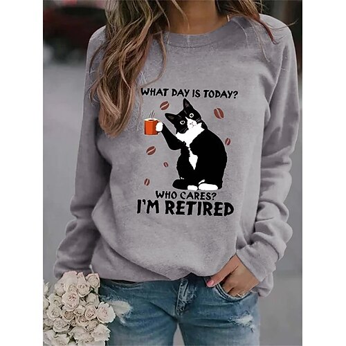 

Women's T shirt Tee Cat Text Casual Weekend Cat Painting T shirt Tee Long Sleeve Print Round Neck Basic Gray S / 3D Print