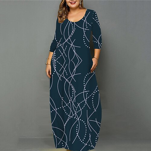 

Women's Plus Size Casual Dress Geometric U Neck Print Long Sleeve Fall Spring Casual Vintage Maxi long Dress Causal Daily Dress / 3D Print