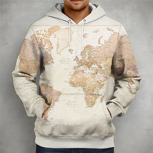 

Men's Unisex Pullover Hoodie Sweatshirt Khaki Hooded Map Graphic Prints Print Sports & Outdoor Daily Sports 3D Print Basic Streetwear Casual Spring & Fall Clothing Apparel Hoodies Sweatshirts Long