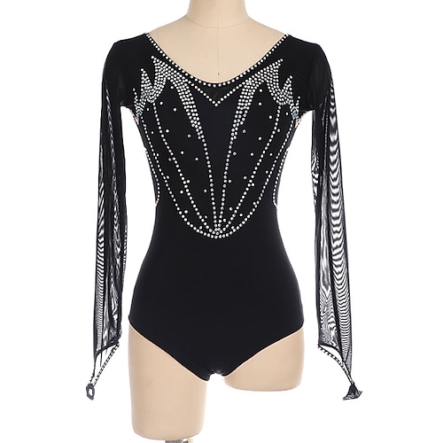 

Figure Skating Dress Women's Girls' Ice Skating Dress Black Thumbhole Open Back High Elasticity Training Competition Skating Wear Crystal / Rhinestone Long Sleeve Ice Skating Figure Skating / Winter