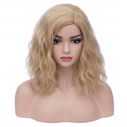 

14 Inches Blonde Wig Side Part Women Girls Short Bob Curly Wavy Wig Blonde Hair Wigs Synthetic Heat Resistant Halloween Cosplay Costume Party Wig with Wig Cap