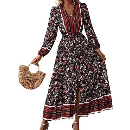 

Women's A Line Dress Maxi long Dress Black Long Sleeve Floral Split Print Fall Winter V Neck Stylish Elegant Boho 2022 S M L XL