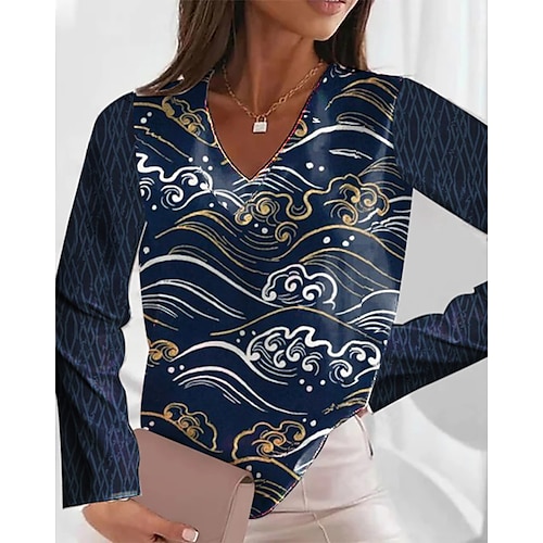 

Women's Shirt Graphic Holiday Weekend Floral Shirt Long Sleeve Print V Neck Casual Streetwear Blue S / 3D Print