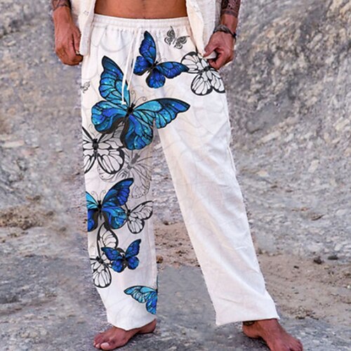

Men's Trousers Beach Pants Pocket Drawstring Elastic Waist Butterfly Graphic Prints Comfort Breathable Casual Daily Holiday Streetwear Designer White / Spring / Summer / Elasticity