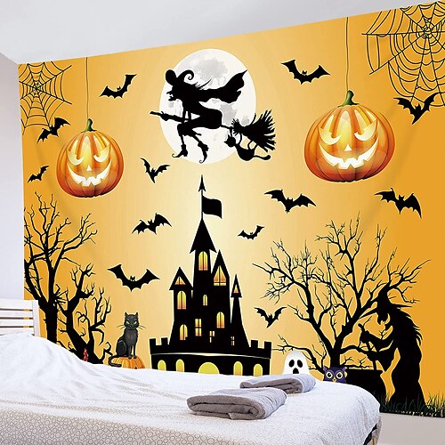 

Halloween Party Holiday Wall Tapestry Art Decor Blanket Curtain Picnic Tablecloth Hanging Home Bedroom Living Room Dorm Decoration Psychedelic Pumpkin Haunted Scary House Polyester