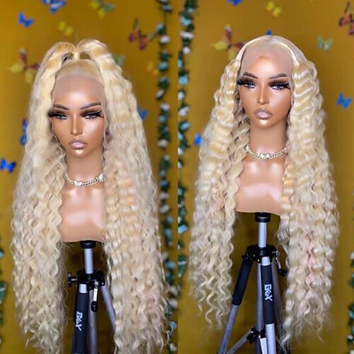 

# 613 Color Human Hair Lace Front Wig Brazilian Virgin Hair Deep Wave Blonde Lace Frontal Human Hair Wig with Baby Hair for women