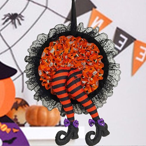 

Happy Halloween Funny Witch Leg Wreath with Ruffle Lace Skirt Front Door Hanging Garland Party Supplies Wall Decoration