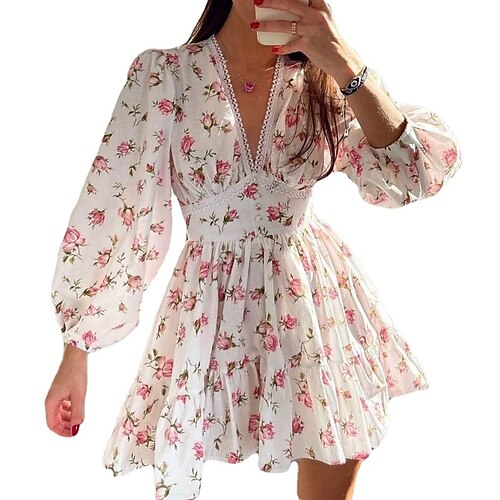 

Mini robe Femme Robe Trapèze manche longue Eté Printemps - Romantique Imprimer Floral Col V robe hiver robe automne Ample 2023 Blanche S M L XL XXL 3XL