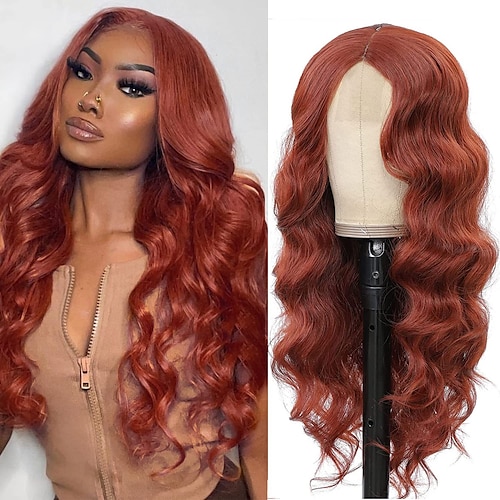 

Body Wave Lace Front Wig 24 inch Copper Red Synthetic Lace Front Wig for Black Women Long Wavy Lace Wig Fake Scalp Middle Part Lace Wig Daily Party Use