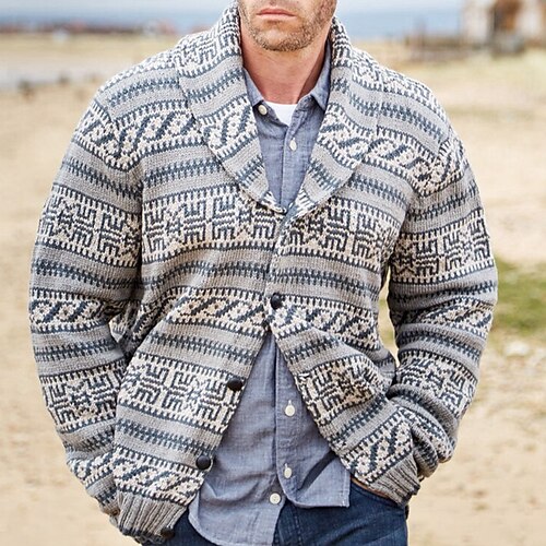 

Men's Sweater Cardigan Sweater Chunky Knit Cropped Knitted Striped Shirt Collar Basic Stylish Outdoor Daily Clothing Apparel Winter Fall Gray S M L