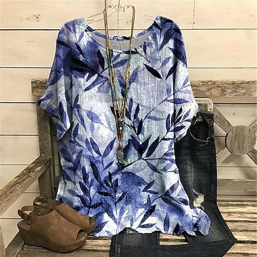 

Women's Plus Size Tops Blouse Shirt Leaf Print Short Sleeve Crewneck Streetwear Daily Vacation Polyester Fall Spring Green Blue