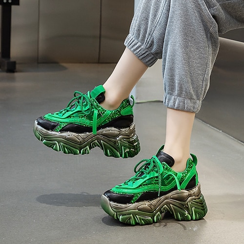 

Women's Sneakers Outdoor Daily Dad Shoes Lace-up Wedge Heel Round Toe Casual Cowhide Lace-up Color Block Green Purple
