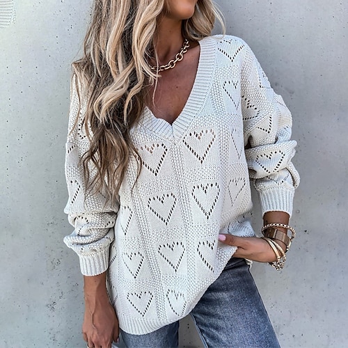 

Women's Pullover Sweater jumper Jumper Crochet Knit Hollow Out Knitted Heart V Neck Stylish Casual Outdoor Daily Winter Fall Pink Fuchsia S M L / Long Sleeve / Regular Fit / Going out