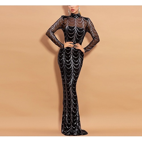 

Women's Sequin Dress Party Dress Maxi long Dress White Black Long Sleeve Pure Color Sequins Zipper Lace Spring Summer Round Neck Modern Mature 2022 S M L XL XXL