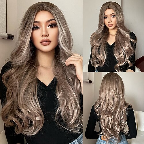 

HAIRCUBE Hair Long Brown Middle Part Highlight Wavy Wigs for Women Trendy