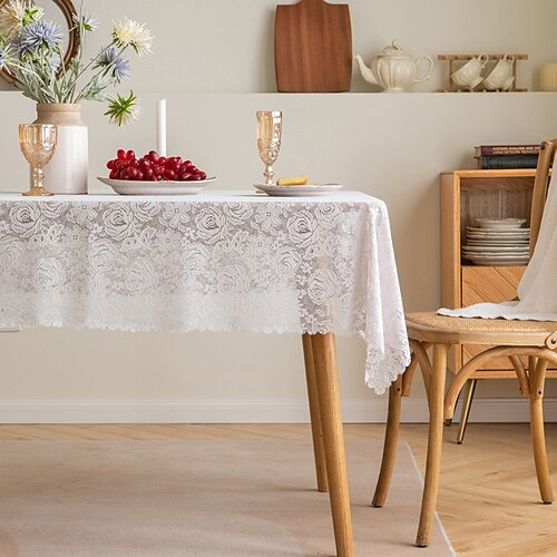 

Victorian Lace Tablecloth, Vintage Polyester Lace Holiday Tablecloth,Lightweight Rustic Lace Tablecloth,Table Cloth Cover,for Dinner Parties,with Luxury Embroidered Floral White