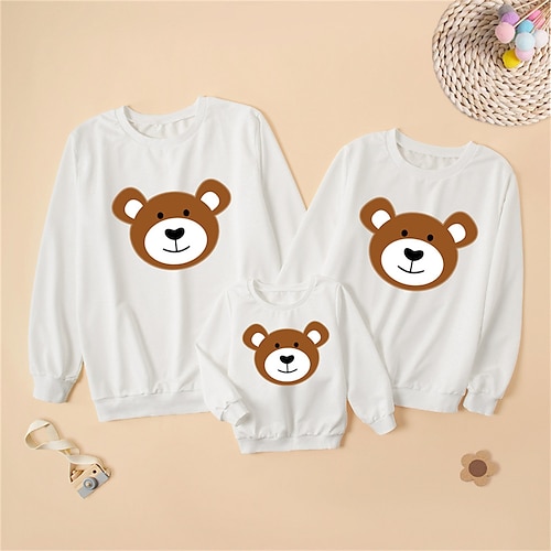 

Family Look Sweatshirt Bear Daily Print White Long Sleeve Adorable Matching Outfits