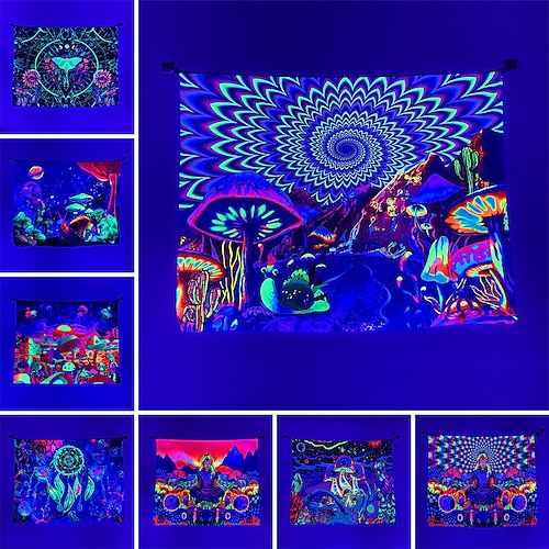 

champignon magique blacklight uv réactif grande tapisserie murale art décor couverture rideau suspendu maison chambre salon décoration polyester